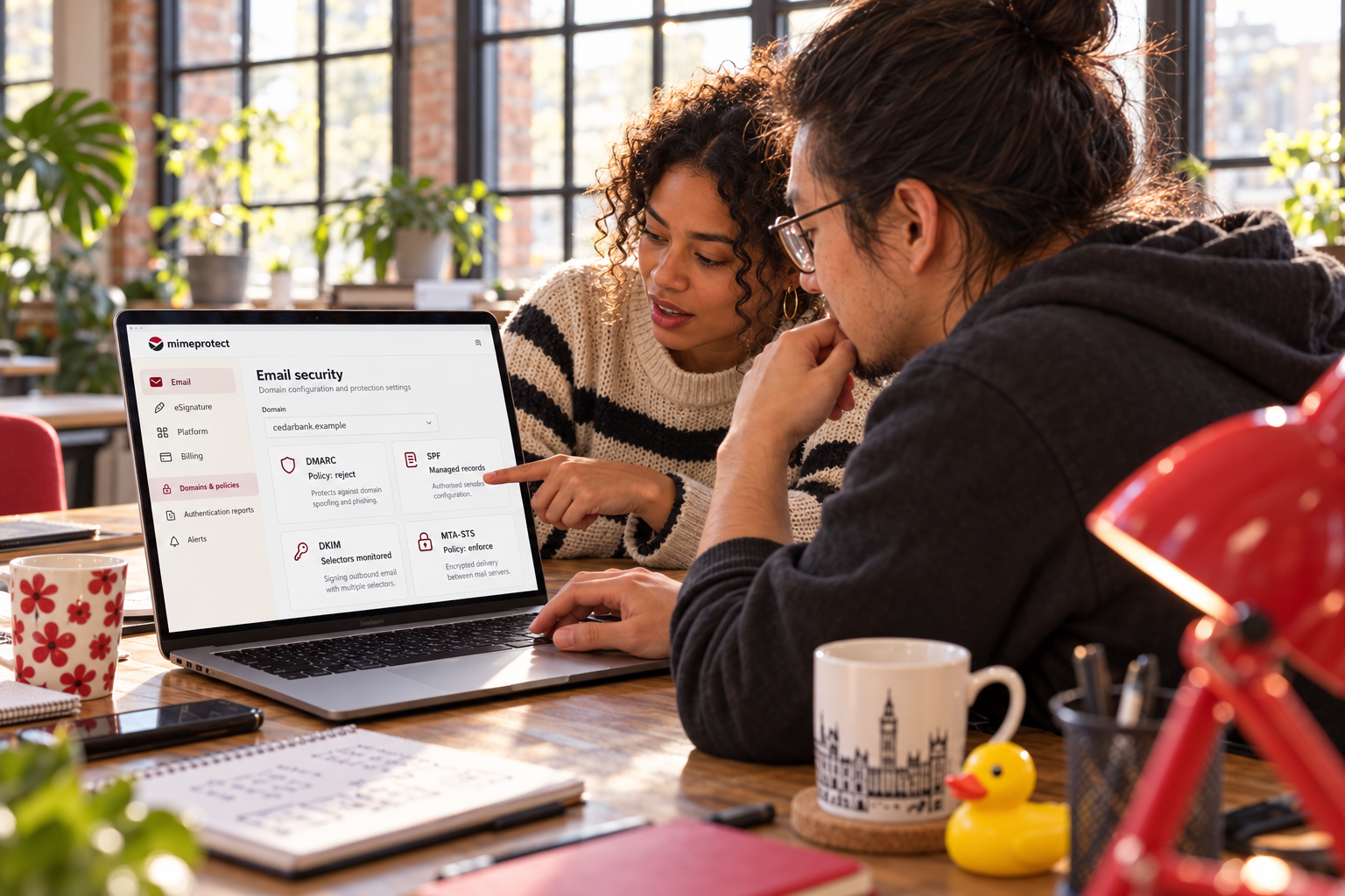 Developers reviewing email security policies in MimeProtect